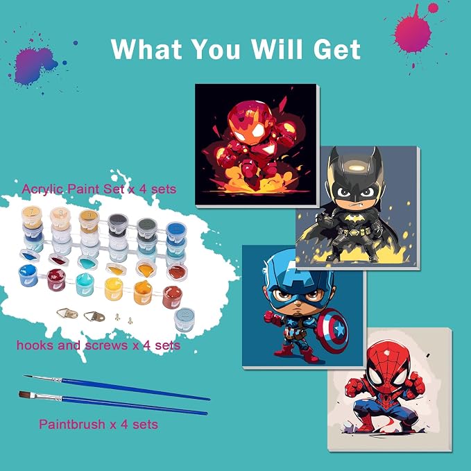 4 Pack Paint by Numbers Kit for Kids Paint by Number Kits Age 4-8 Painting Canvas for Kids Ages 8-12 Boys Framed Canvas Painting by Numbers Anime Drawing Kit Color by Numbers Kit for Kid 8x8 Inch