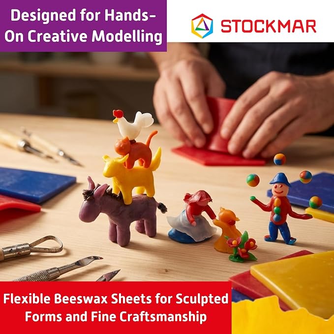 Stockmar Modelling Beeswax Sheets – 3 Assorted Colors of Natural Beeswax for Creative Sculpting, Handwork, and Artistic Projects – Ideal Arts and Crafts Supplies for Artists – Red, Blue, Yellow