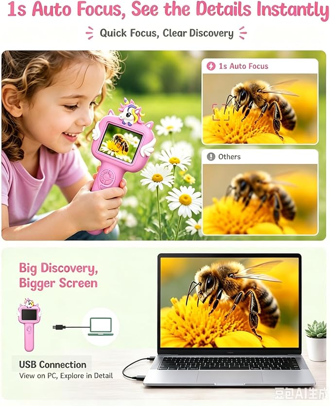 Outdoor Portable Kids Microscope: 100g Lightweight Pocket Design with One-Hand Grip for Travel – 3.5H Rechargeable Battery & 6 LEDs for Anytime Exploration – 1s Quick Auto Focus