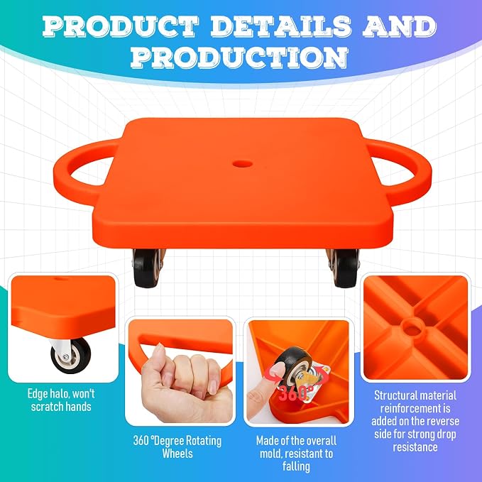 Jerify 6 Pcs Sports Scooter Board Bulk for Kids Gym Scooters Board with Handles Plastic Casters Sitting Flat for Children Gym Indoor Outdoor Activities Play Equipment (Round Handle Mixed Color)