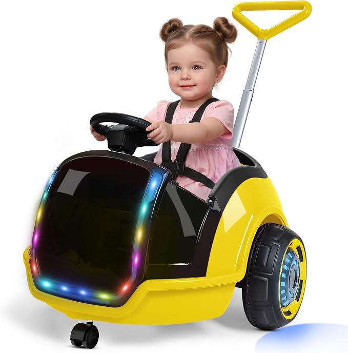 ANPABO 3-in-1 Electric Push Ride On Car, 12V Kids Ride On Toy w/Remote Control, 360° Spin, 5-Point Safety Belt, Colorful LED Light, Music Player, Push Car for Toddler Ages 1-3 (Yellow)