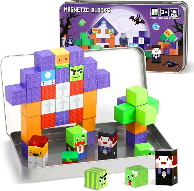 QOUBAI 45PCS Mini Magnetic Blocks Travel Toys, Magnet Building Cubes Tiles Set with Portable Iron Case, Learning Activities Gifts for Kids Toddlers Boys & Girls Ages 3-8 (Zombies)