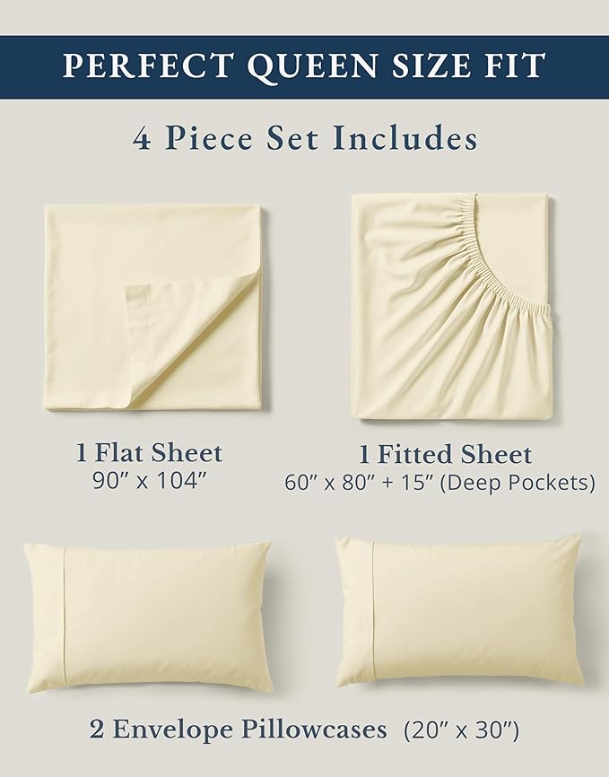 LANE LINEN Queen Size Bed Sheets 100% Organic Cotton Soft 4pc - Natural | Organic Cotton Percale Queen Sheet Set - Soft From The First Wash, Crisp Cool Percale Weave, Great For Gifting