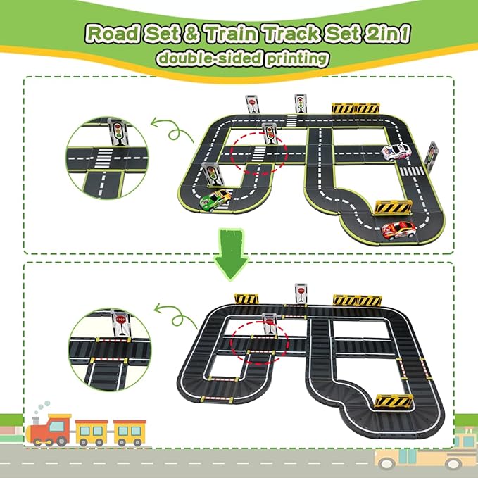 Magnetic Tiles Road Set, 45Pcs Large Double Sided Magnetic Blocks with Pullback Cars & Traffic Signs, STEM Toys for Kids Ages 4-8, Creative Gifts for 3+ Years Old Boys Girls