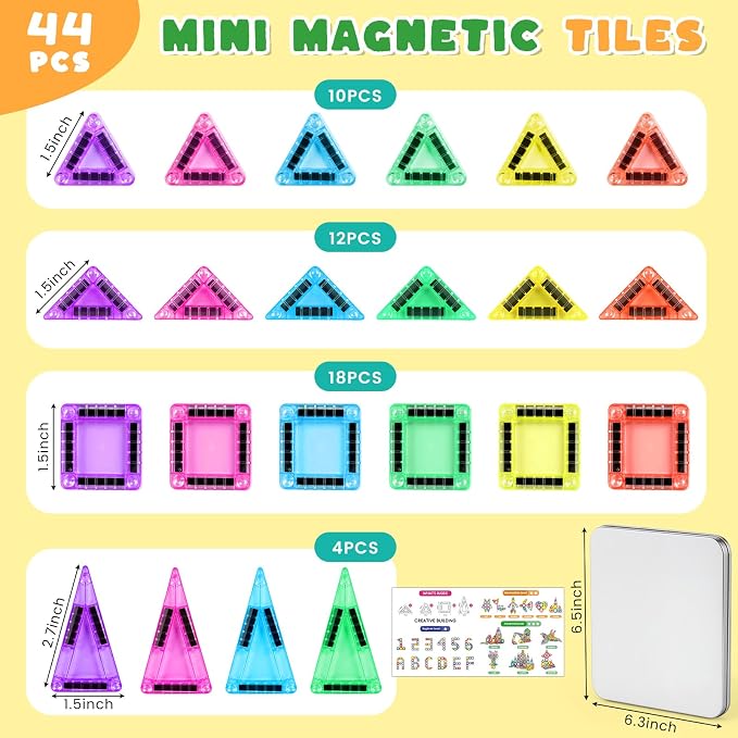 3 otters Travel Magnetic Tiles with Case, 44PCS Mini STEM Toys Travel Magnetic Building Blocks for Kids Birthday Party Gift Classroom Prize