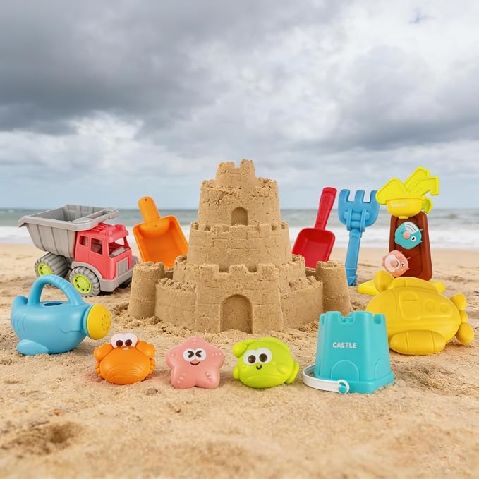 IOKUKI Sand Toys with Extra Large Mesh Bag Including Dump Truck, Sand Water Wheel, Beach Buckets, Shovels, Rakes, Molds, Outdoor Beach Toys Tool Kit for Kids, Toddlers, Boys and Girls (12 PCS) Age 3+