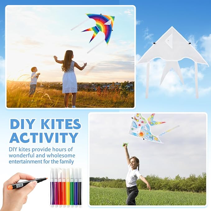 Honoson 20 Pieces DIY Blank Kite with Watercolor Pens and String 20 Inch Making Craft Kits Decorating Coloring Kite Pack for Outdoor and Activities