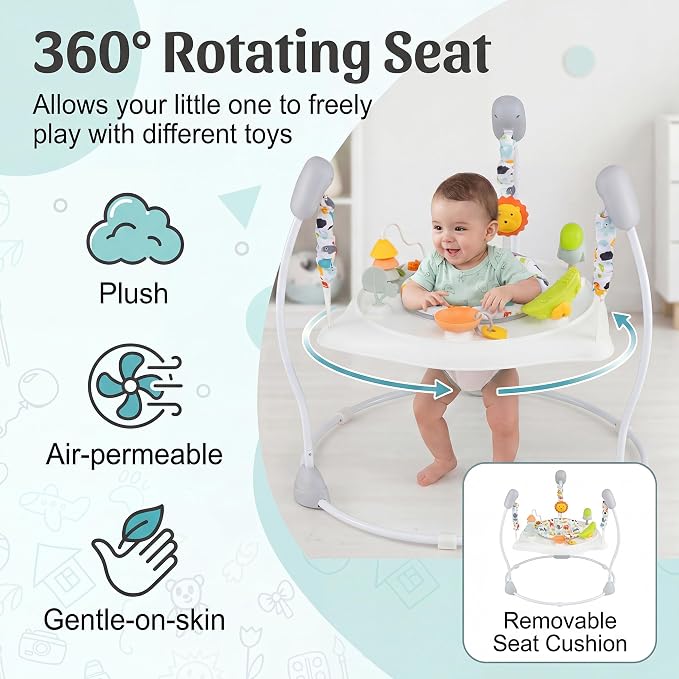 HONEY JOY Baby Bouncer Activity Center, Infant Jumper and Table w/ 360° Rotary Seat, 3 Adjustable Heights, Music, Sounds & Developmental Toys, Activity Center for Babies (White)