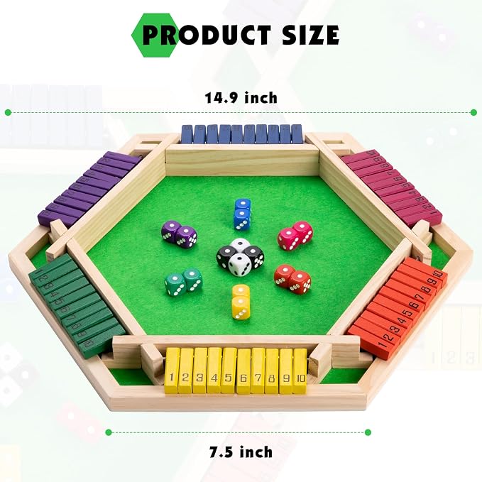 Shut The Box Game Large for 6 Players, 15 inch Wooden Board Table Math Game with 16 Dice and Instructions, Classics Close The Box Board Game
