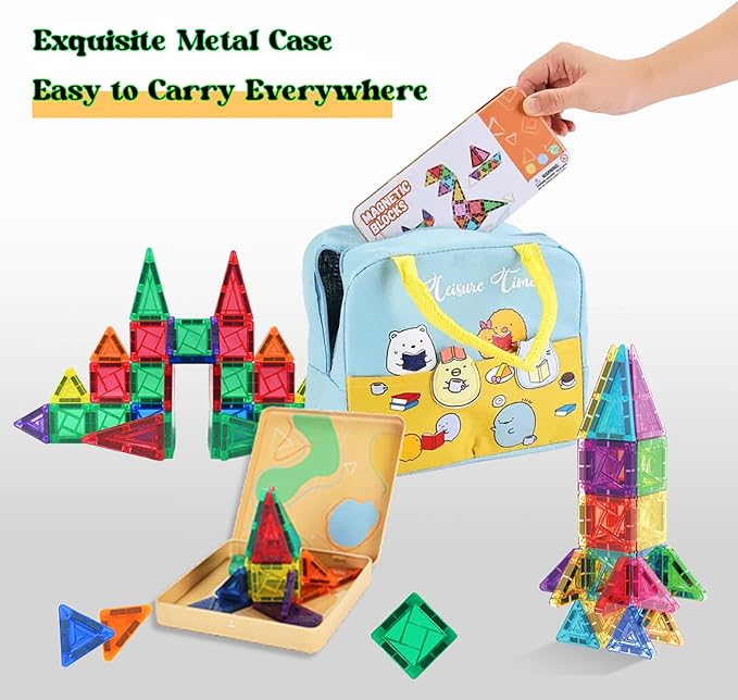 60PCS Portable Mini Magnetic Tiles Travel Set with Metal Case, STEM Magnetic Building Blocks Educational Toy for Kids Ages 3-8, Classroom Must Have for Boys and Girls