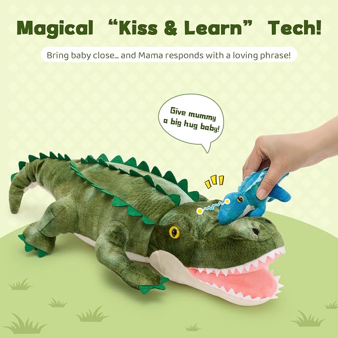MorisMos Alligator Stuffed Animal with Babies Inside, 23.6'' Talking Mommy Stuffed Alligator Plush with 3 Baby Crocodiles & Eggs, Interactive Soft Crocodile Toys for Kid 3-5 Birthday Baby Shower