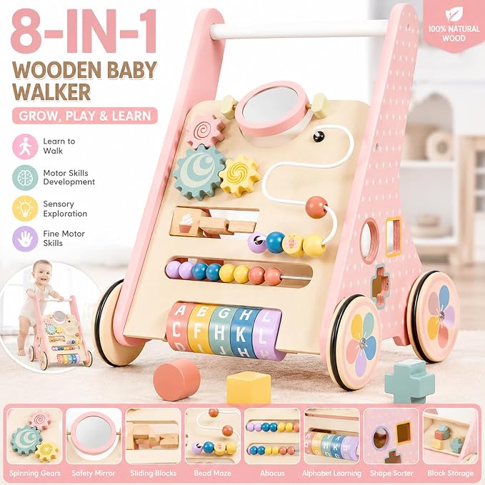 Wooden Baby Walker with Wheels, Montessori Push Walker | Adjustable-speed wooden baby walker with Montessori activities and rubber wheels for safe learning to walk.