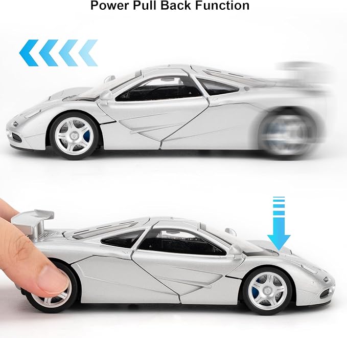 1/32 Car Model Compatible for Collectible McLaren F1 Supercar Diecast Toy Car, Zinc Alloy Pull Back Vehicles Toy with Sound and Light for Adult Boys Girls 3 4 5 6 7 8 Silver
