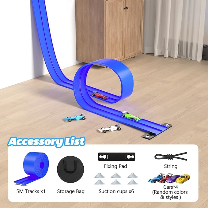 16FT Flexible Race Track with 4 Cars - DIY Car Ramp Track for Jumps, Loops, Ramps - Portable Roll-Up Dual Racetrack for Indoor Outdoor Play, Ages 3+ (Blue)