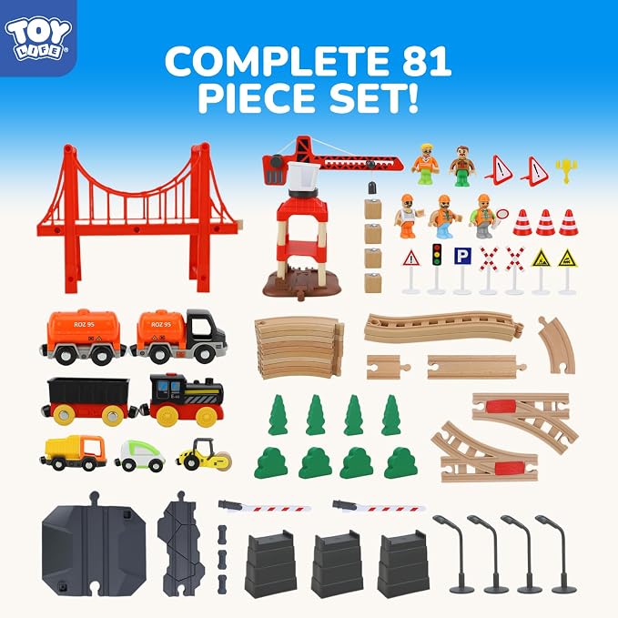 TOY Life Train Set 81pcs with Crane & Locomotive Train Toy, Wooden Train Tracks Toys for Toddlers Boys Girls 3 4 5, Wood Toys Gift Toddler Train for Kids 4-8 - Fits Thomas Brio Chuggington
