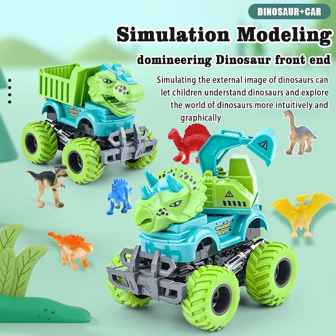 Dinosaur Monster Truck Toys for 3 4 5 Year Old Boys, 2 Pack with 6 Mini Dinosaur Figures, Monster Trucks for Boys Ages 3-4-5-7, Toys for Kids 3-5 Years Birthday /Christmas