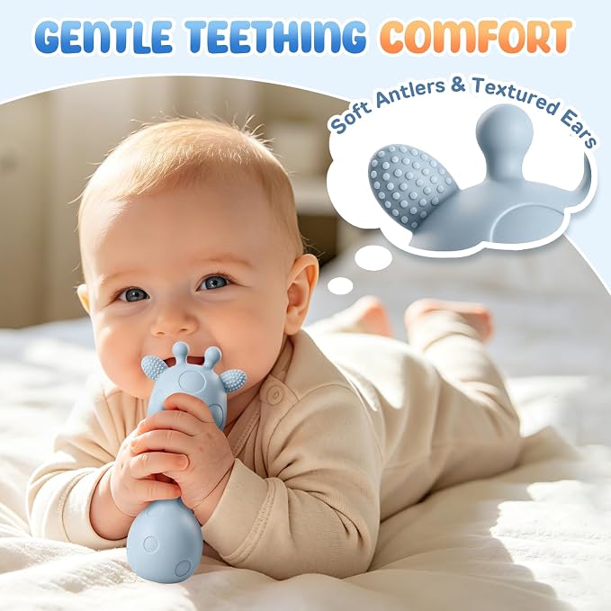 Baby Teething with Rattle Toys 3-6 6-12 Months, BPA Free Silicone Baby Teether, Infant Chew Toys for Teething Relief, Baby Gifts for Newborn Boys Girls, Easy-Grip, Blue