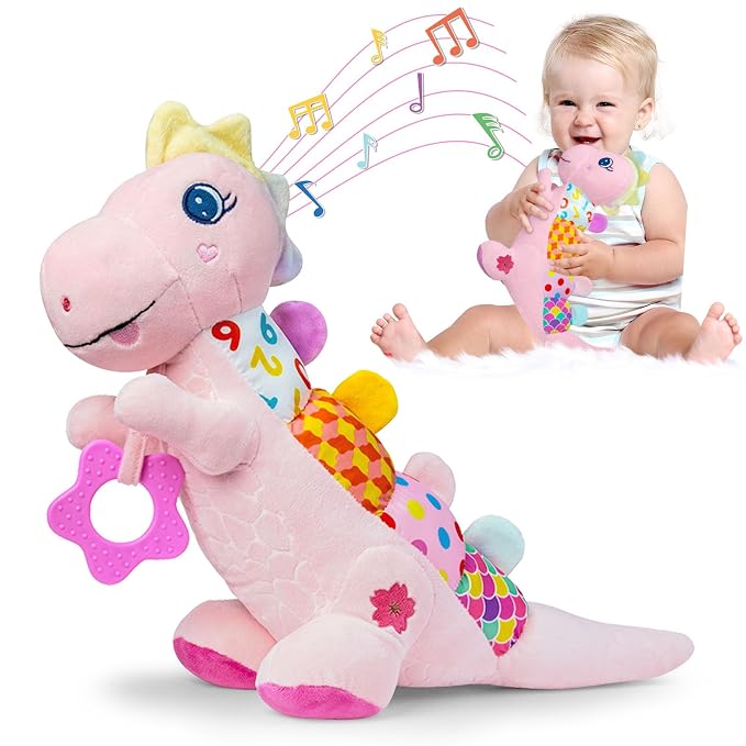 Baby Dino Musical Stuffed Animal Toys for 0-3-6-9-12 Months，Infant Dinosaur Tummy Time Toys with Crinkle Sound Paper,Teether，Textures & Rattles for Newborn Boys Girls Birthday Gifts，Pink