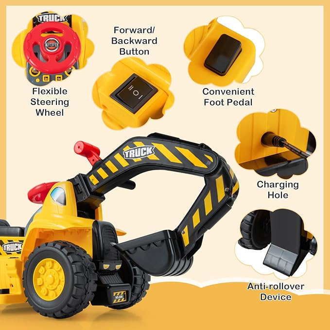 Costzon 6V Ride On Construction Excavator, Outdoor Digger Scooper Tractor Toy W/Safety Helmet, Rocks, Horn, Underneath Storage, Moving Forward/Backward, Pretend Play Ride On Truck (6V)