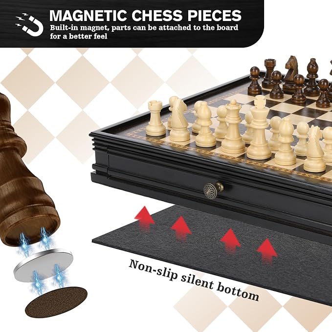 Peradix Magnetic Chess and Checkers Set with 2 Built-in Storage Drawers, Classic 2 in 1 Wooden Board Games, Magnetic Chess Pieces 2 Extra Queens, 12.8" Chess Set for Adults and Kids Gift Package