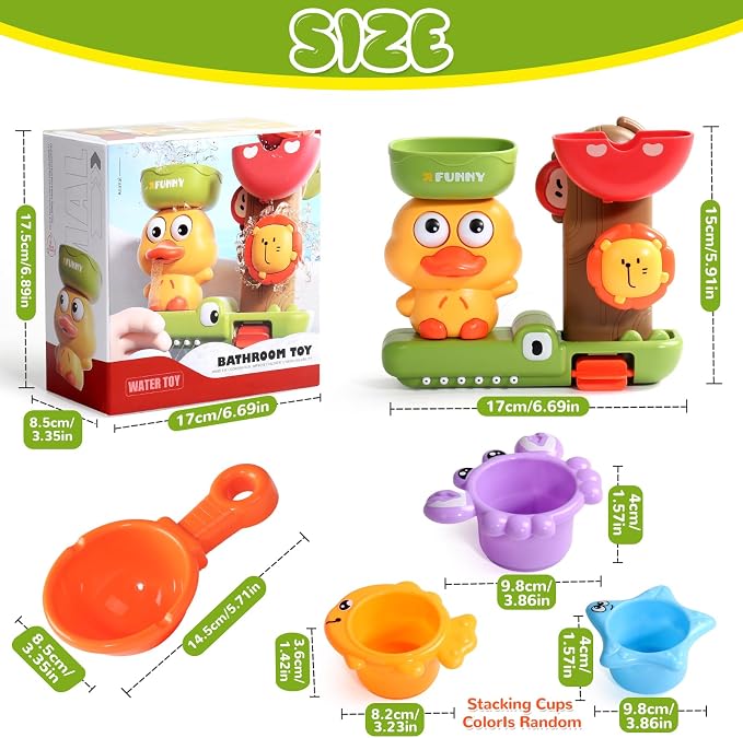 Toddler Bath Toys for Kids Ages 1-3 Waterfall Bathtub Toys for Toddlers 2-4 | with 3 Stacking Cups No Mold Baby Bath Toys Interactive Duck Water Shower Toys for Boys Girls Gifts with Strong Suction Cups