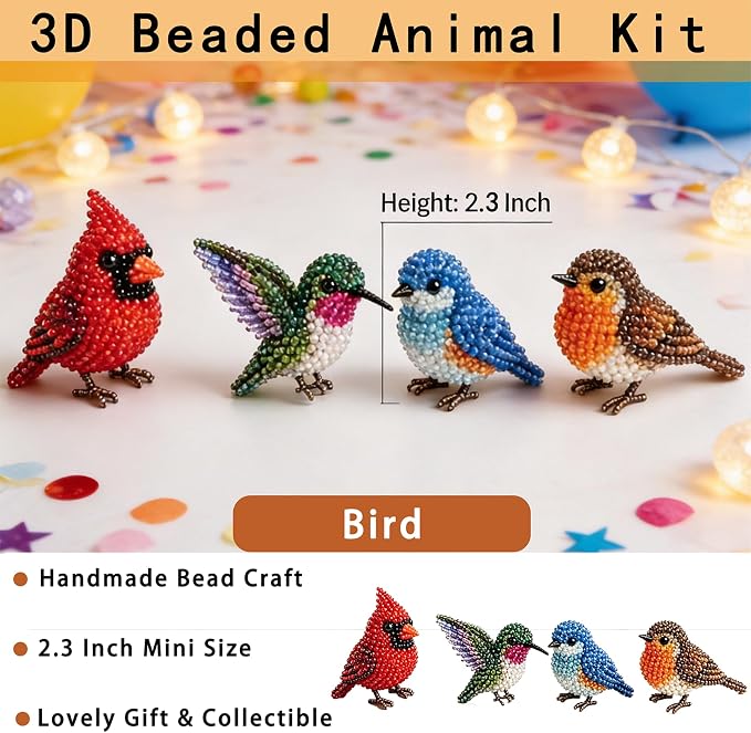 CJNEJGT Kid Friendly 3D Beaded Animal DIY Kit, Stress Relief Leisure DIY Bead Toy Set, Beginner Bead Embroidery Craft Gift with Step-by-Step Instructions (4PC Bird)