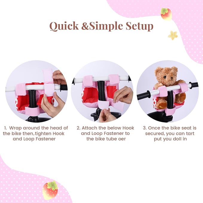 BABESIDE Doll Bike Seat for 12 Inch Dolls, Strawberry Doll Carrier for Kids Bike and Scooter, Baby Doll Accessories for Outdoor Play, Doll Bicycle Seat Gift for Girls Age 3+