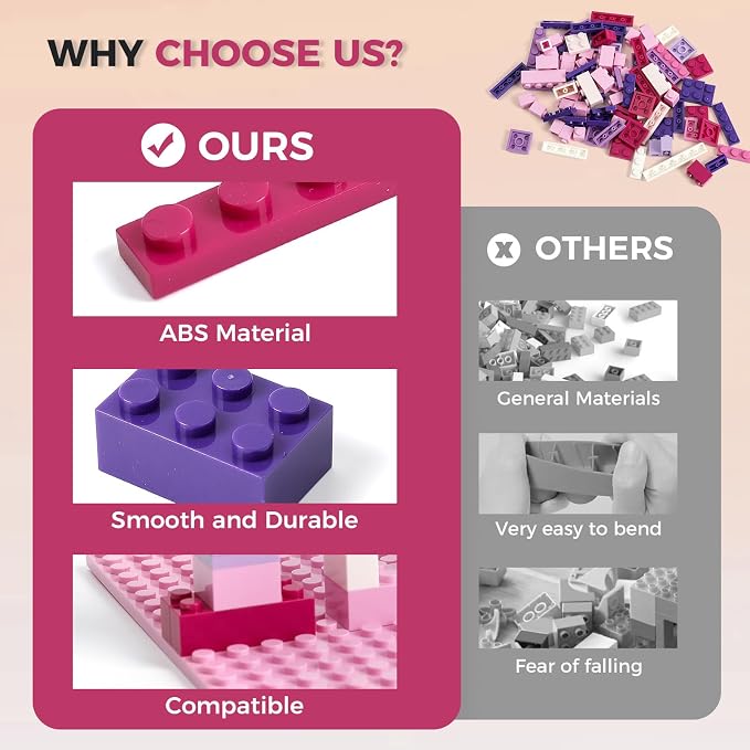 HUIZDQ 1000 Pieces Classic Building Bricks, Classic Stackable Base Plates, 3 6.3" x 6.3" White, Pink and Purple Base Plates, Compatible with All Major Brands, Toys for Ages 6-7-8-13 Girls