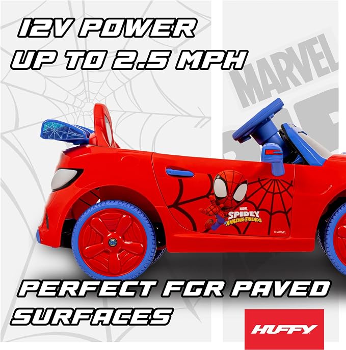 Huffy Marvel Spiderman 12V Ride-On Car, Ages 3–5, Parent Remote Control, Forward & Reverse, Realistic Sounds, Spidey and His Amazing Friends, Max 2.8 MPH