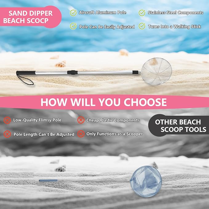 fethwoin Shark Tooth Sifter, Beach Sand Sifter, Sea Shell Scooper for Beach, Shell Bags&Foldable Bucket, Sand Beach Toys for Kids 6 8 10 12, Medium, Pink