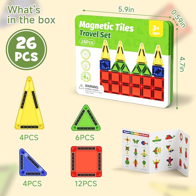 Travel Magnetic Tiles for Kids Car Games: 26 PCS Mini Magnet Building Blocks in Tin Box to Stop Crying - 0.64 lb Pocket Size Educational Toy - Road Trip Essentials - Boys Girls Age 3-8