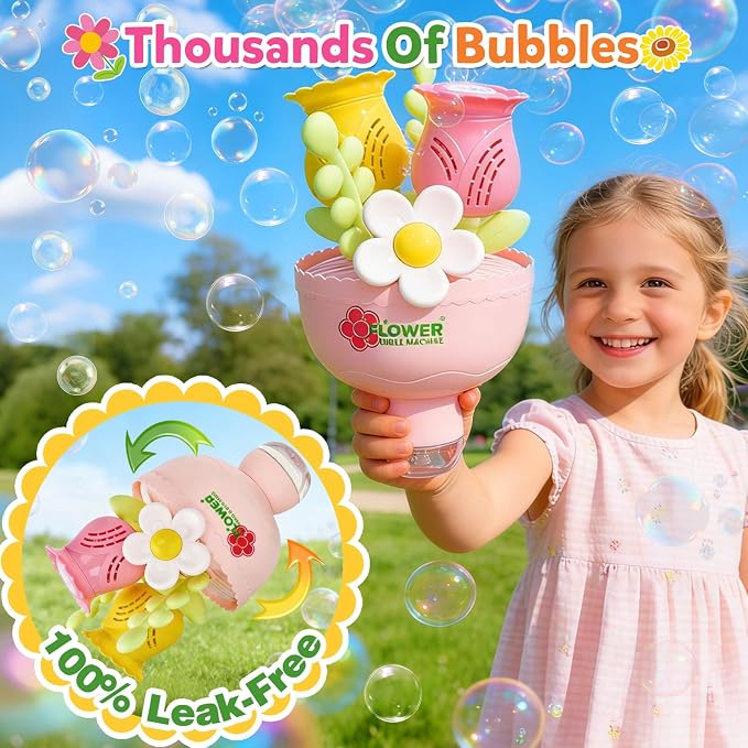 Dolanus Flower Bubble Machine for Kids Toddlers - Automatic Bubbles, RGB Lights, Rechargeable - Outdoor Outside Toys for, Toys for 3 4 5 6 7 8 Years Old Boys Girls, Gift for Party Wedding Birthday