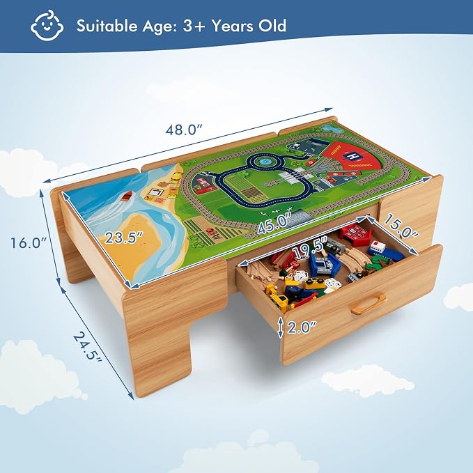 Costzon Train Table, 2 in 1 Kids Activity Table w/Storage Drawer, 100 Multicolor Pieces, Railway, Track, Cars, City, DIY Design, Reversible Tabletop, Gift for Boys Girls, Wooden Train Set (Natural)
