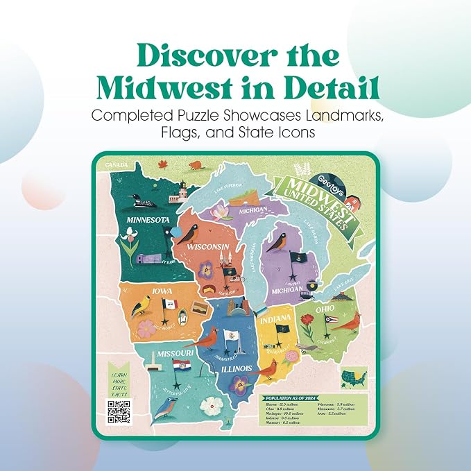 Geotoys Midwest Region Jigsaw Puzzle - Educational and Interactive Map Game - 250 Piece Puzzles - Jigsaw Puzzles for Kids Ages 8-12 - Kids Puzzle Games with Colorful Landmarks