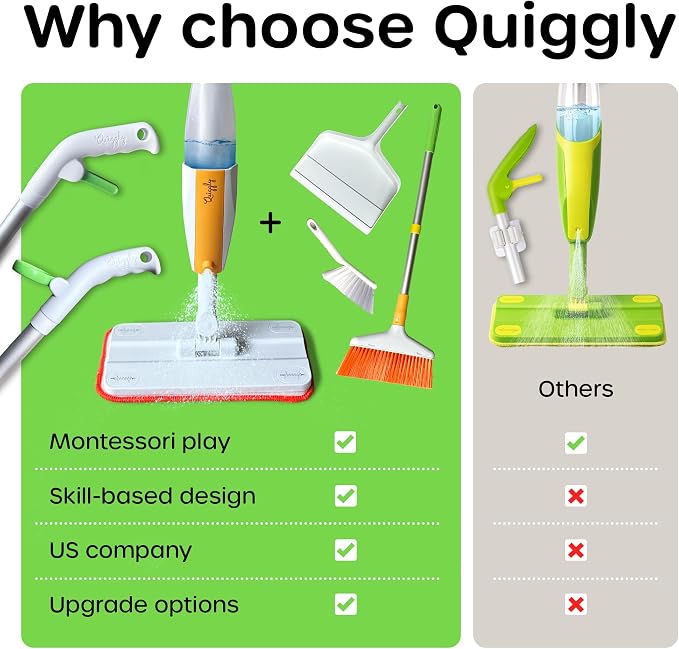 Quiggly Toddler Toy Cleaning Set - Spray Mop, Broom, Dustpan, for Kids 3-5 | Plus brush, two-hand hold & pull, Montessori cleaning 4-piece tool kit