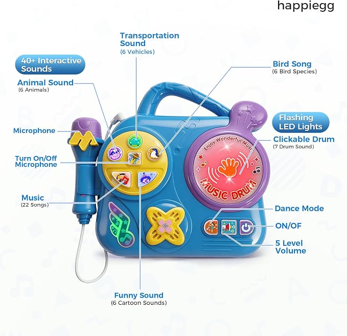 Kids Karaoke Machine with Microphone: Toddler Music Player & Light-Up Drum - Sound Toy with Handle for Boys Girls 3+, Blue