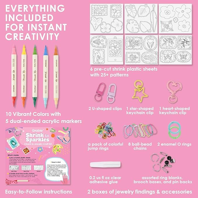 Grabie DIY Shrink Art Craft Kit Jewelry Making Kit for Kids Adults, 25+ Pre-Cut Shapes, 5 Dual-Tip Markers, Custom Charms, Pins, Rings, Keychains (Bloom Post - for Art Lovers)