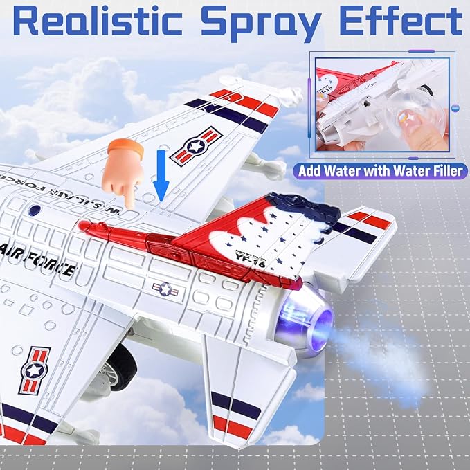 Crelloci Diecast Metal Alloy Fighter Jet Military Airplane Toy with Mist Spray, Lights & Sounds, Pull Back Function Army Air Force Aircraft for Kids, Toddlers Ages 3+, Gift for Boys Girls (White)