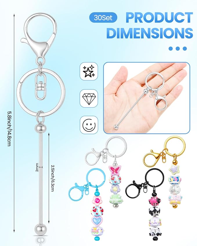 RQAYE 30pcs Beadable Keychains keychain bulk kit cute blank bead keychain strip DIY men's and women's making supplies crafts, jewelry, bag accessories, customized project gifts (Silver)