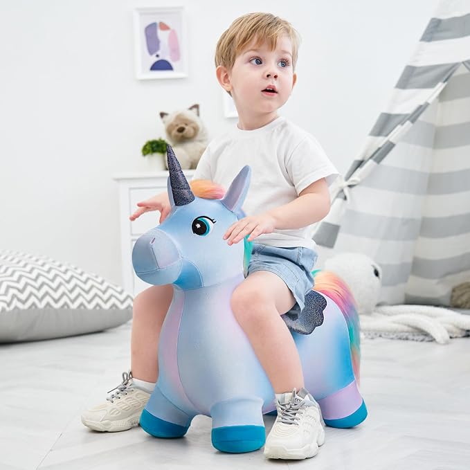 Unicorn Horse Hopper, Inflatable Plush Animal Hopping Toy, Bouncing Riding Hopper for Toddlers, Outdoor Indoor Jumping Toys for Boys Girls, Birthday Gifts for 18 Month 2 3 4 5 W/Free Pump