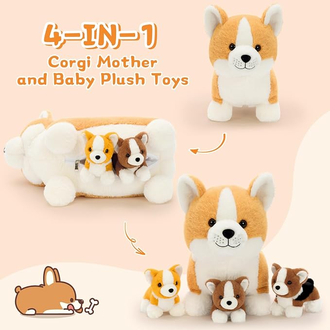 MaoGoLan 4pcs Corgi Stuffed Animal, 15.7 Inch Large Mommy Dog Stuffed Animal with 3 Baby Puppy Plushies, Realistic Cute Stuffed Dog Plush Toys for Kids Girls Boys Gift