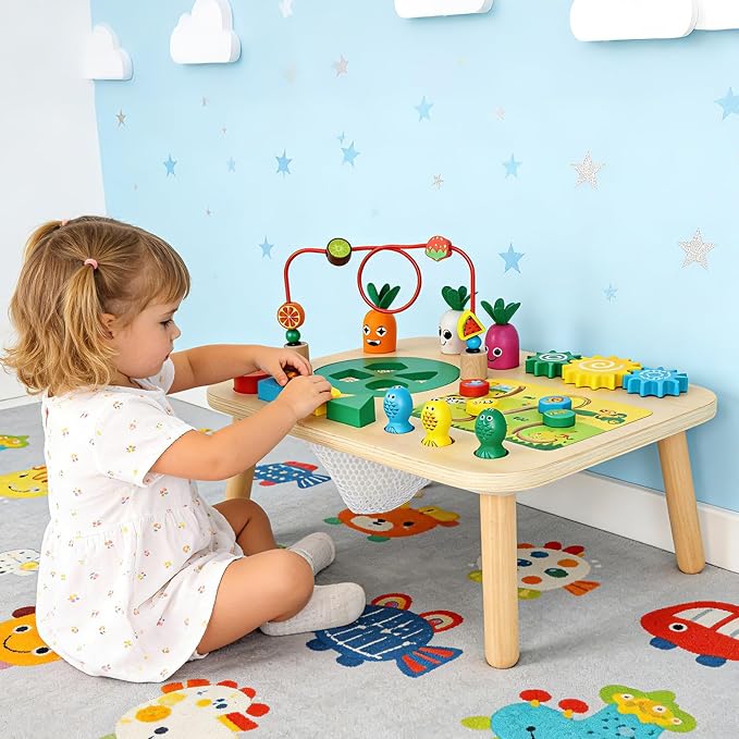 Activity Table, Montessori Toys for 1 2 Year Old Girls Boy Gifts, 7 in 1 Wooden Sensory Play Table for Toddler 1 2 3, Learning Toys for Baby 12-18 Months 1st Christmas Birthday Gifts