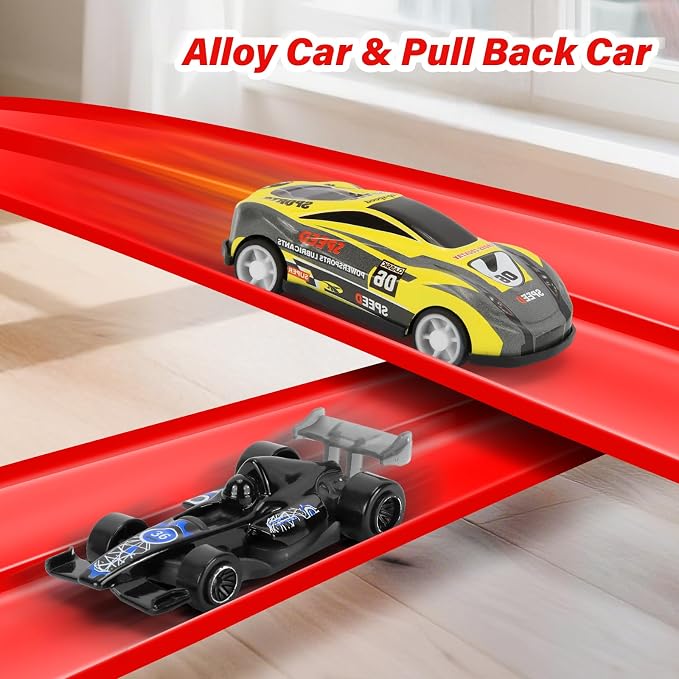 KETIEE Flex Tracks 16Ft for Kids: Flexible Race Car Ramp Track with 4 Small Racecars and 8 Suction Cups Compatible with Diecast 1/64th Cars, Rolls Up Portable Racetrack for Ages 3 & Up