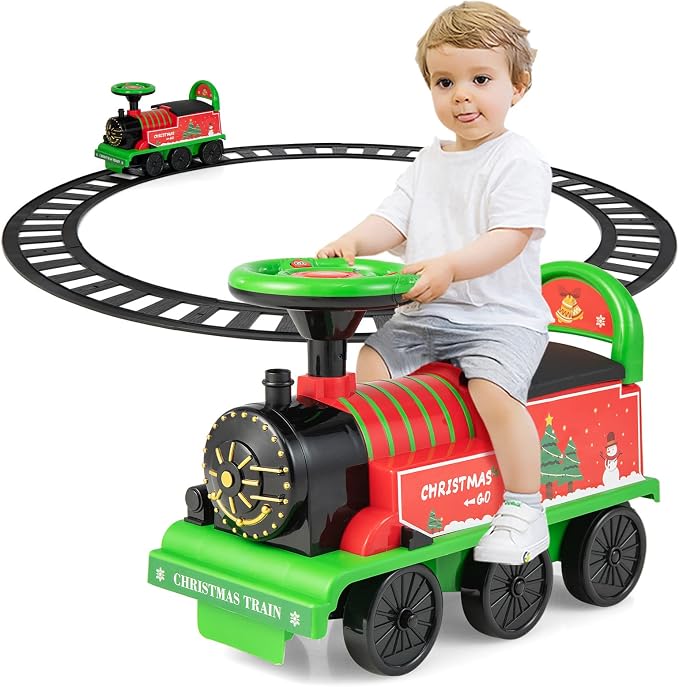 OLAKIDS Kids Ride On Train with Track, 6V Electric Toy with Lights and Sounds, Retractable Footrest, Under Seat Storage, Christmas Theme Battery Powered for Toddlers Boys Girls (1 Seater, Christmas)