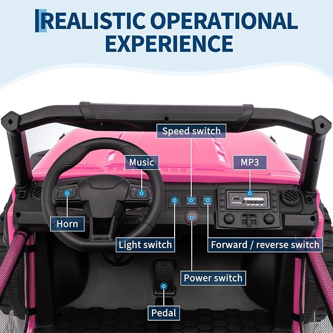 2 Seater Ride on Car for Kids, 24V Ride on Toy, Fast 4.97MPH Truck, 4WD Kids Electric Vehicles with Remote Control, Spring Suspension, Front & Behind LED Lights, Dual Storage, 3 Speeds, Music, Pink