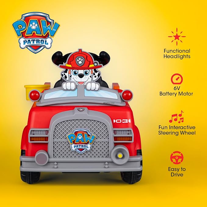Paw Patrol Marshall - 6V Ride On Car for Kids, Police Truck Ride On with Steering Wheel, Foot Pedal, Storage Compartment, Toddler Ride On Vehicle for Boys and Girls