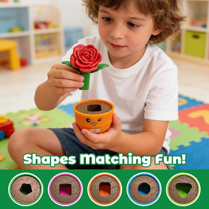 Montessori Flower Garden Building Toy for Girls & Boys, Toddler Gardening Set with 5 Shape & Number Flowers, Preschool Learning Matching & Stacking Game, Sensory Toys Gifts for 1 2 3 Year Old