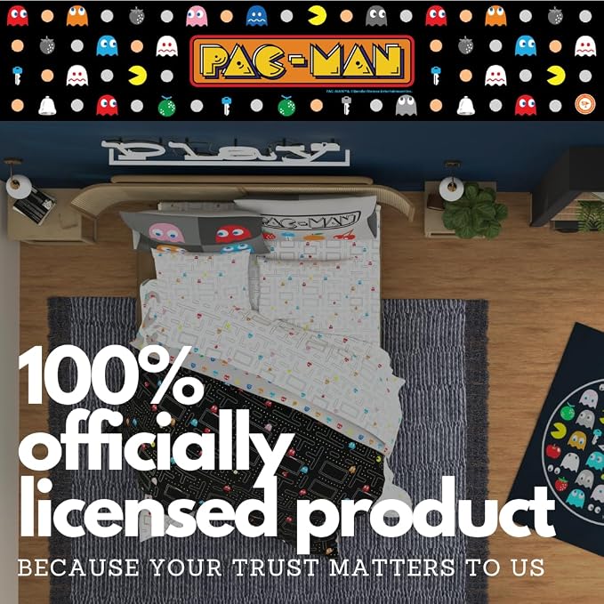 Pac-Man Gaming Bedding 7 Piece Super Soft Cozy Reversible Comforter and Sheet Set with Sham, Full, (Officially Licensed Product) By Franco