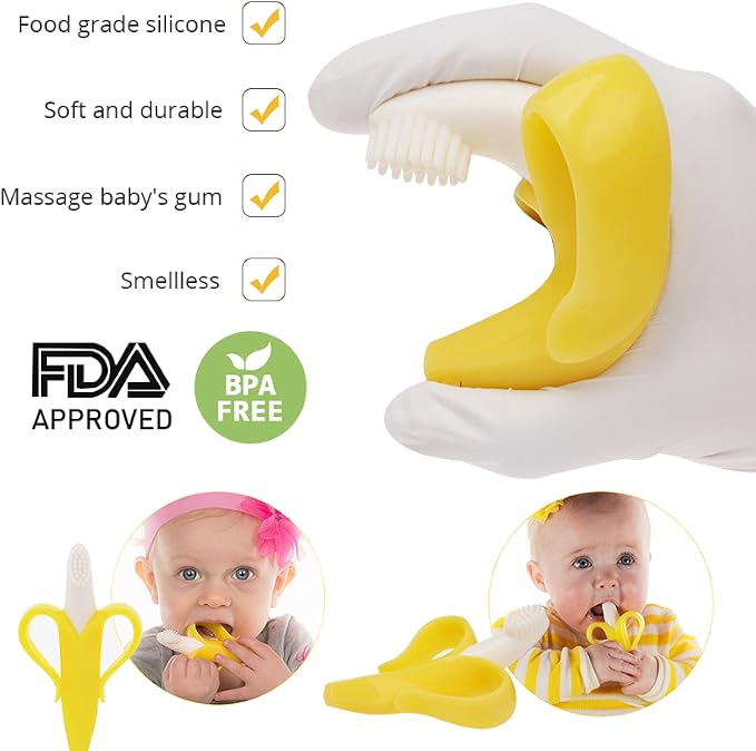 Finger Baby Toothbrush and Banana Teether, Soothing Pain Relief Silicone Baby Teething Toy for Babies, Toddlers, Infants, BPA Free, Soothes Babies Sore Gums(1 Teether 2 Finger Toothbrushes)