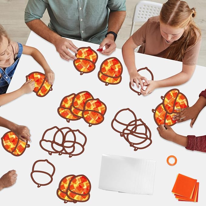 Qyeahkj 36 Set Fall Acorn Suncatchers Crafts for Kids DIY Autumn Window Tissue Paper Craft Kit Hanging Decor for Thinkgiving School Home Activity Art Project Birthday Party Favor Gift